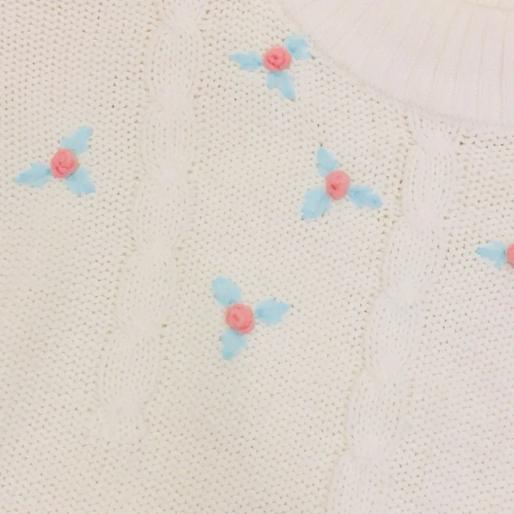 Vintage White Cable Knit Rosette Sweater Pink Mint Green Floral M Pastel Cottage